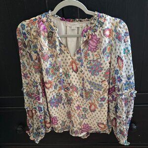 Loft Ivory & Gold Paisley Holiday Ruffle Blouse Top Small Petite